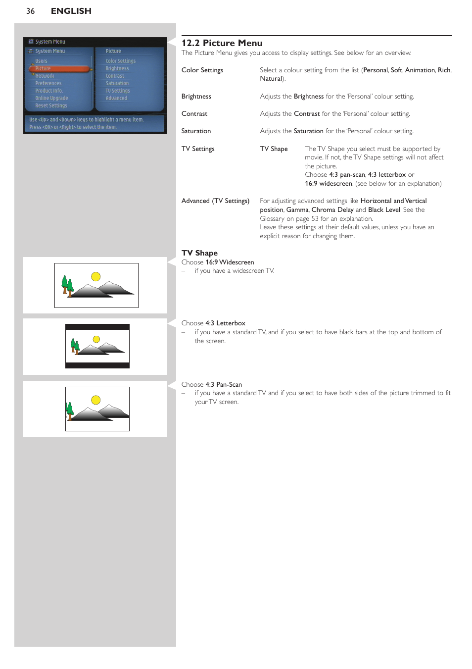 2 picture menu | Philips SL300I User Manual | Page 36 / 54