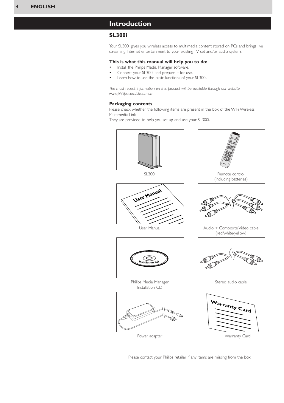 Introduction, Sl300i | Philips SL300I User Manual | Page 4 / 54