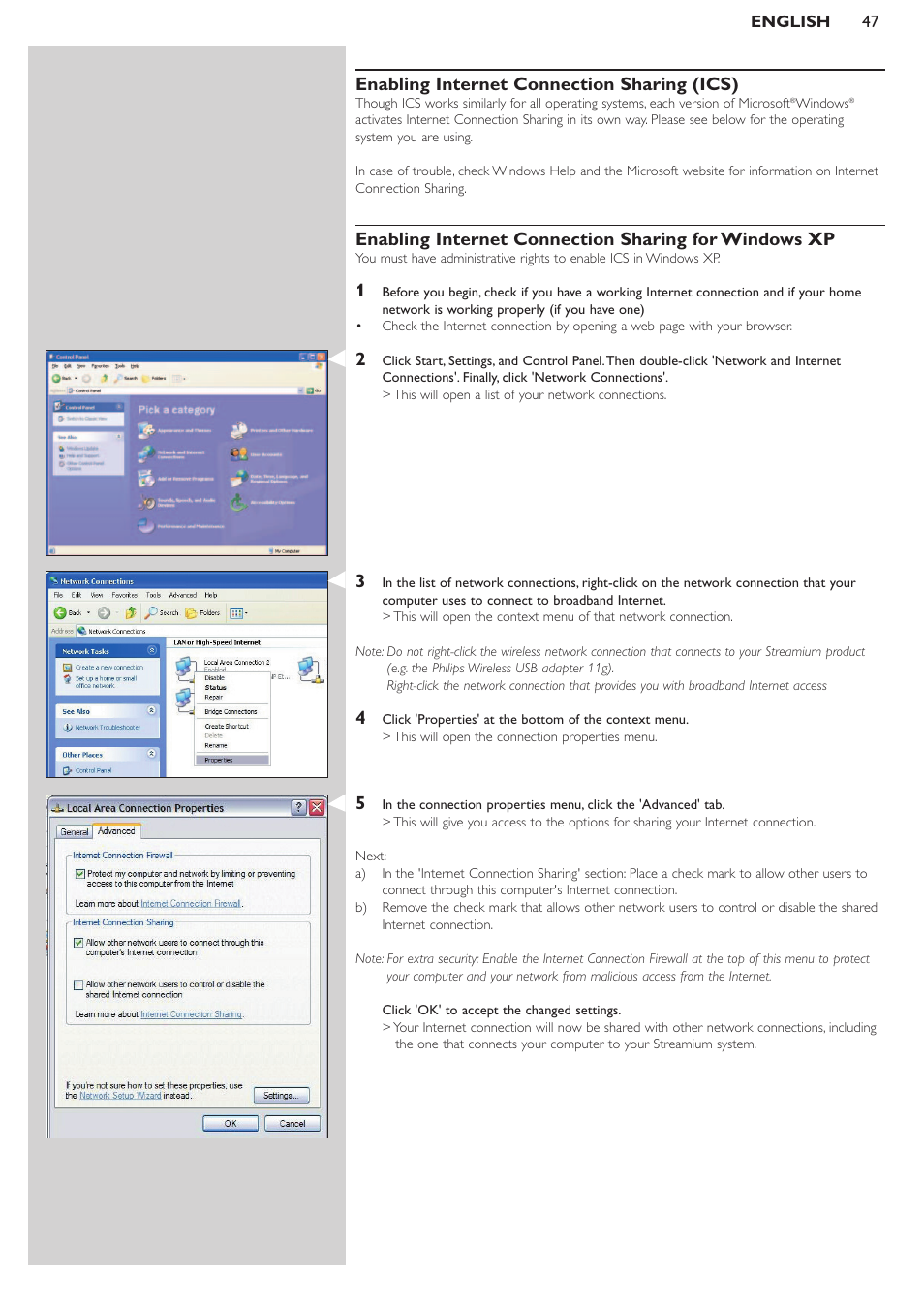 Enabling internet connection sharing (ics) | Philips SL300I User Manual | Page 47 / 54