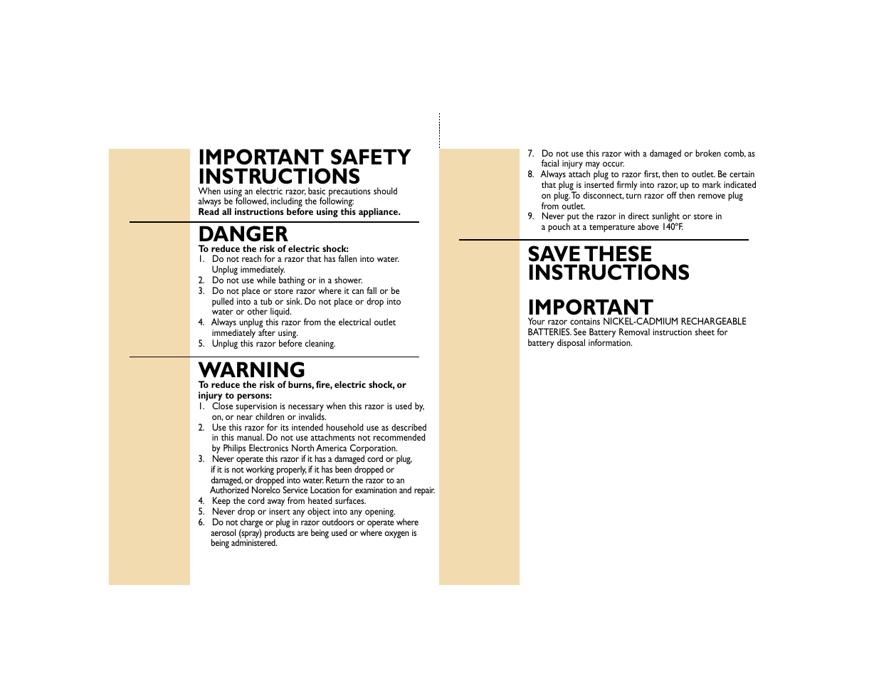 Important safety instructions, Danger, Warning | Save these instructions important | Philips 3805XL User Manual | Page 2 / 8