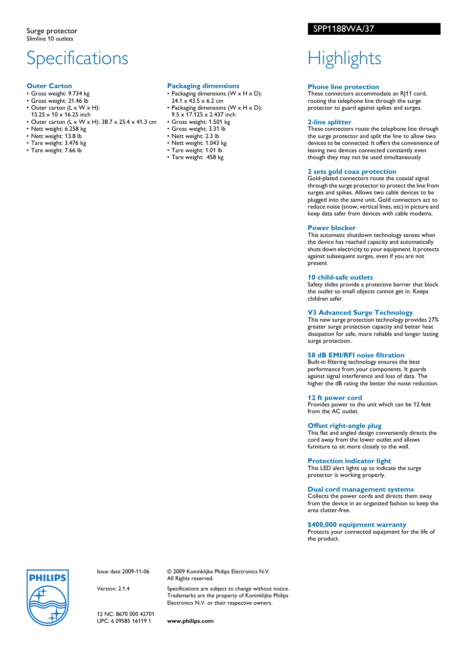 Specifications, Highlights | Philips SPP1188WA User Manual | Page 2 / 2