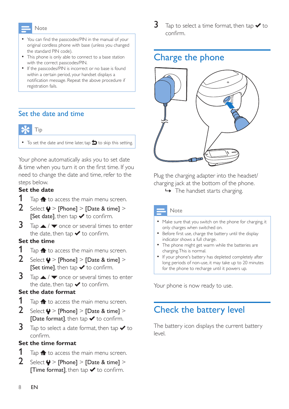 Set the date and time, Set the date, Set the time | Set the date format, Set the time format, Charge the phone, Check the battery level | Philips MT3120 User Manual | Page 10 / 30