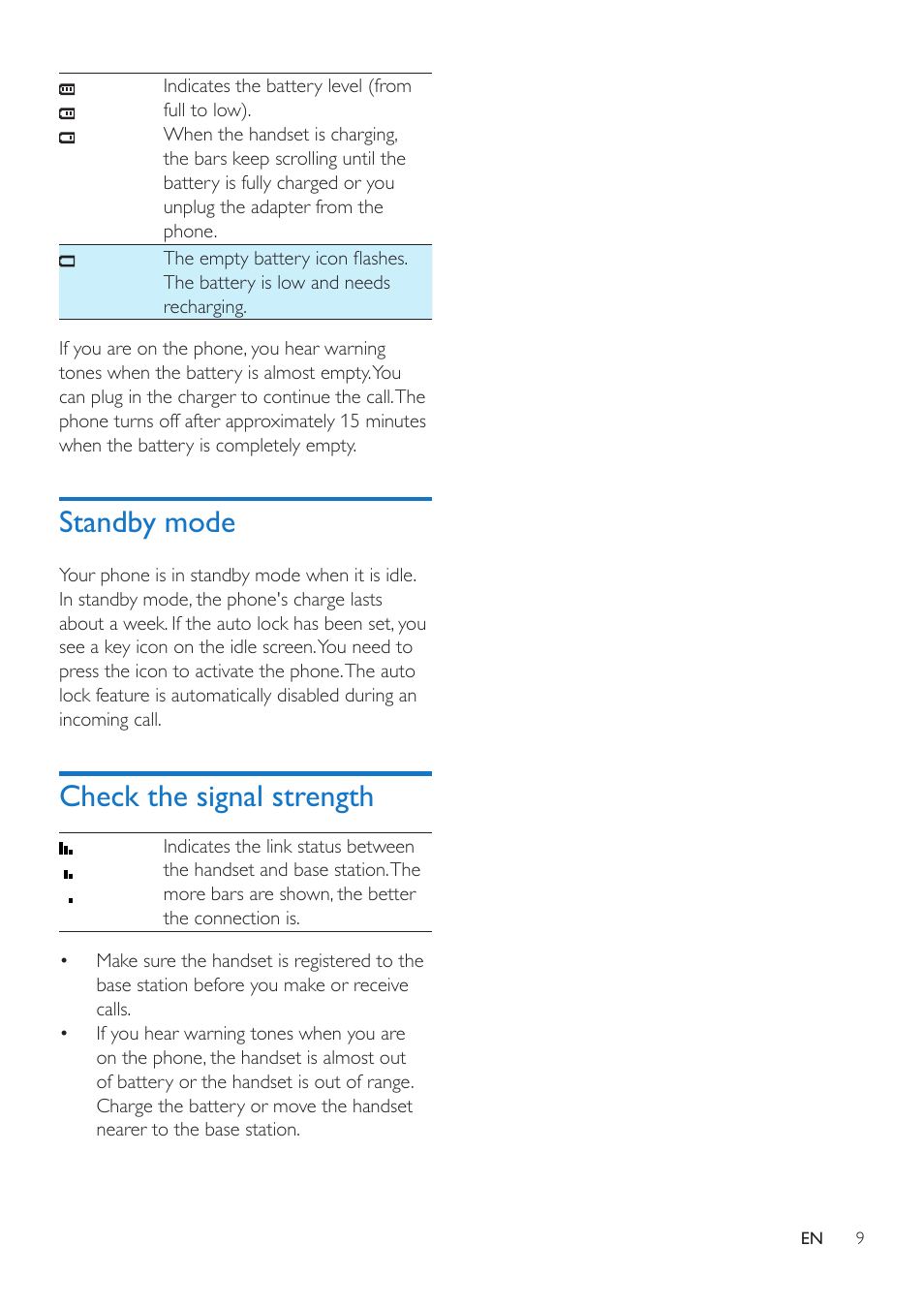 Standby mode, Check the signal strength | Philips MT3120 User Manual | Page 11 / 30