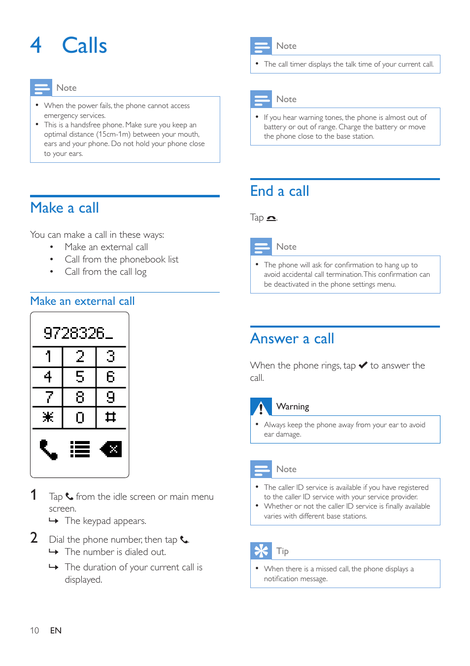 4 calls, Make a call, Make an external call | End a call, Answer a call | Philips MT3120 User Manual | Page 12 / 30