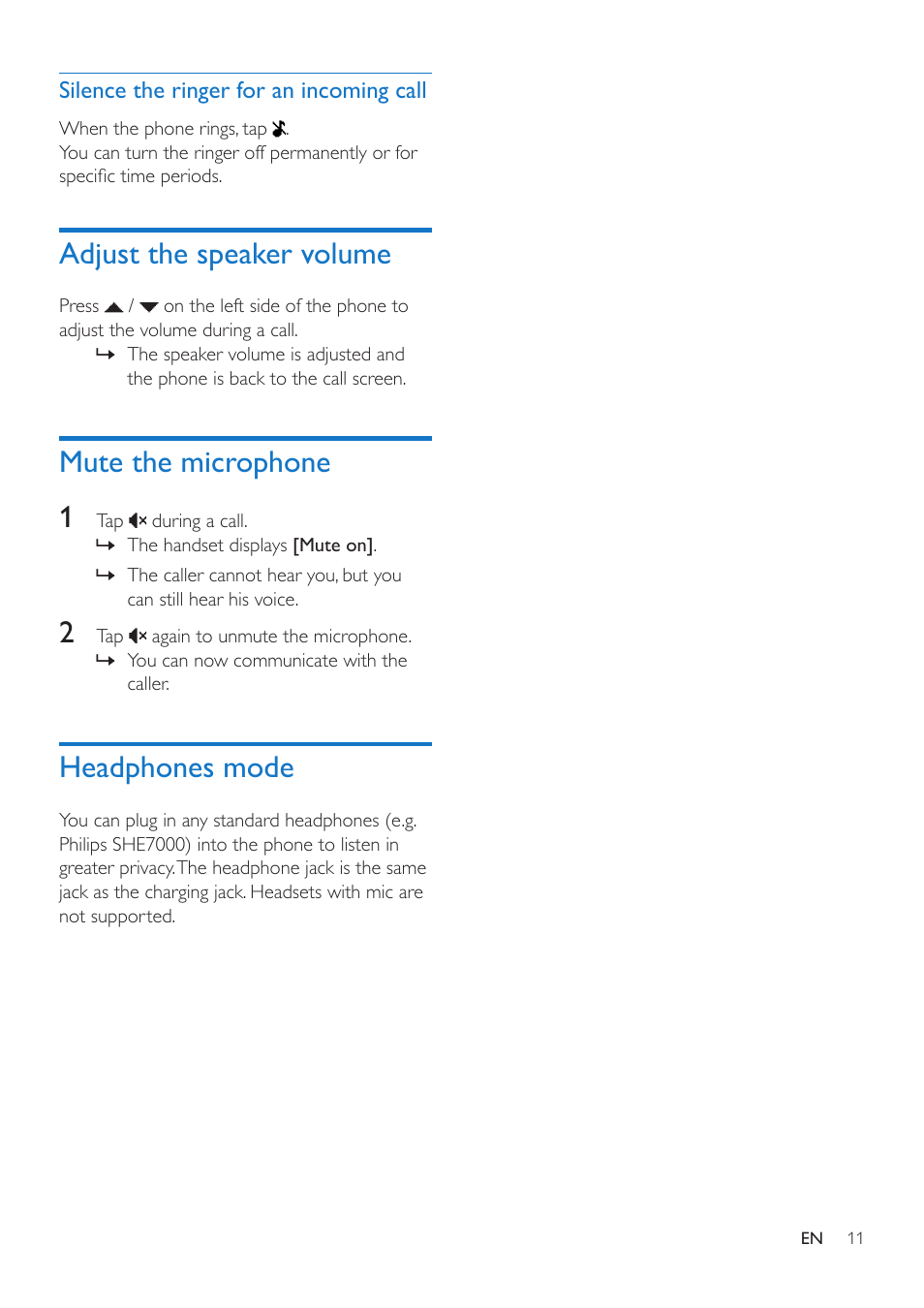 Silence the ringer for an incoming call, Adjust the speaker volume, Mute the microphone | Headphones mode, Silence the ringer for an incoming call 11, Mute the microphone 1 | Philips MT3120 User Manual | Page 13 / 30