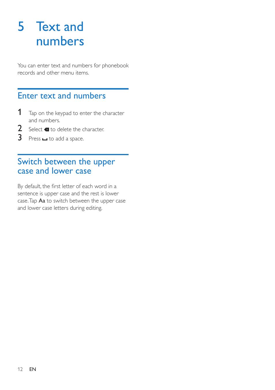 5 text and numbers, Enter text and numbers, Switch between the upper case and lower case | Switch between the upper case and, Lower case, Enter text and numbers 1 | Philips MT3120 User Manual | Page 14 / 30