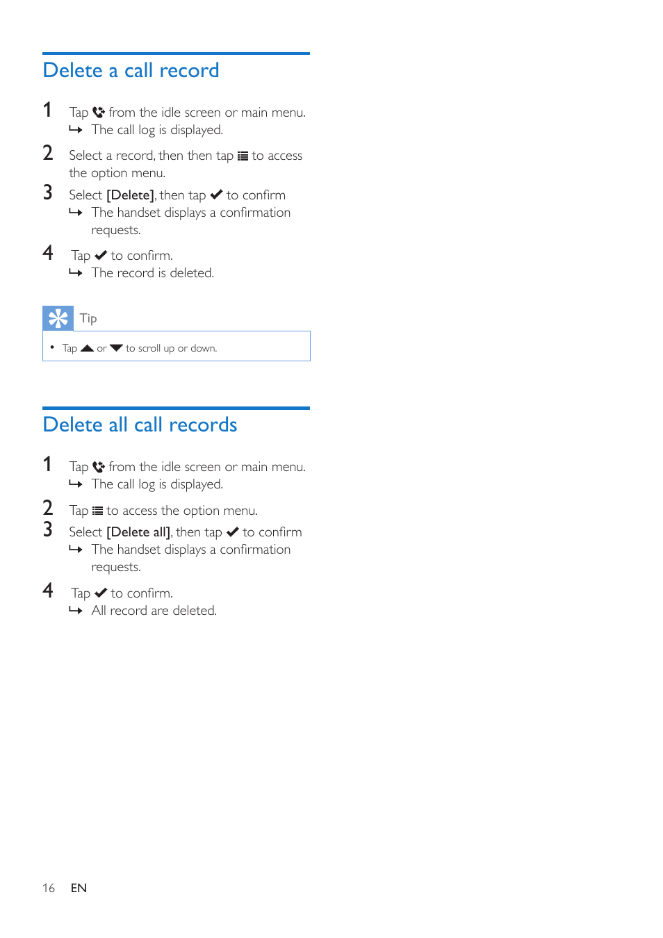 Delete a call record, Delete all call records, Delete a call record 1 | Delete all call records 1 | Philips MT3120 User Manual | Page 18 / 30