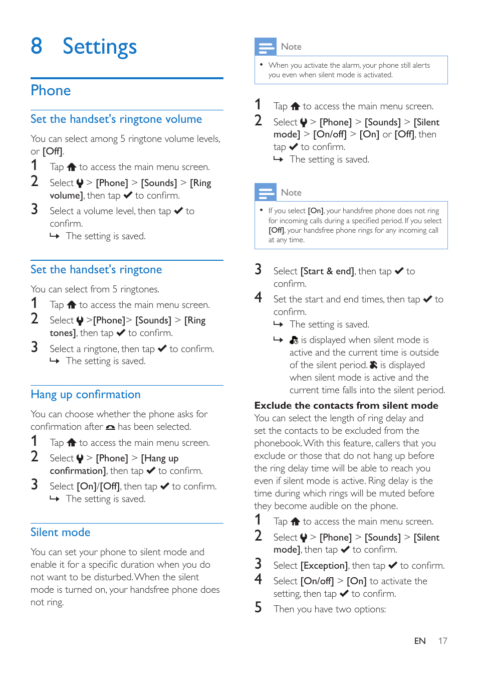 8 settings, Phone, Set the handset's ringtone volume | Set the handset's ringtone, Hang up confirmation, Silent mode, Exclude the contacts from silent mode, Phone 17, Set the handset's ringtone volume 17 | Philips MT3120 User Manual | Page 19 / 30