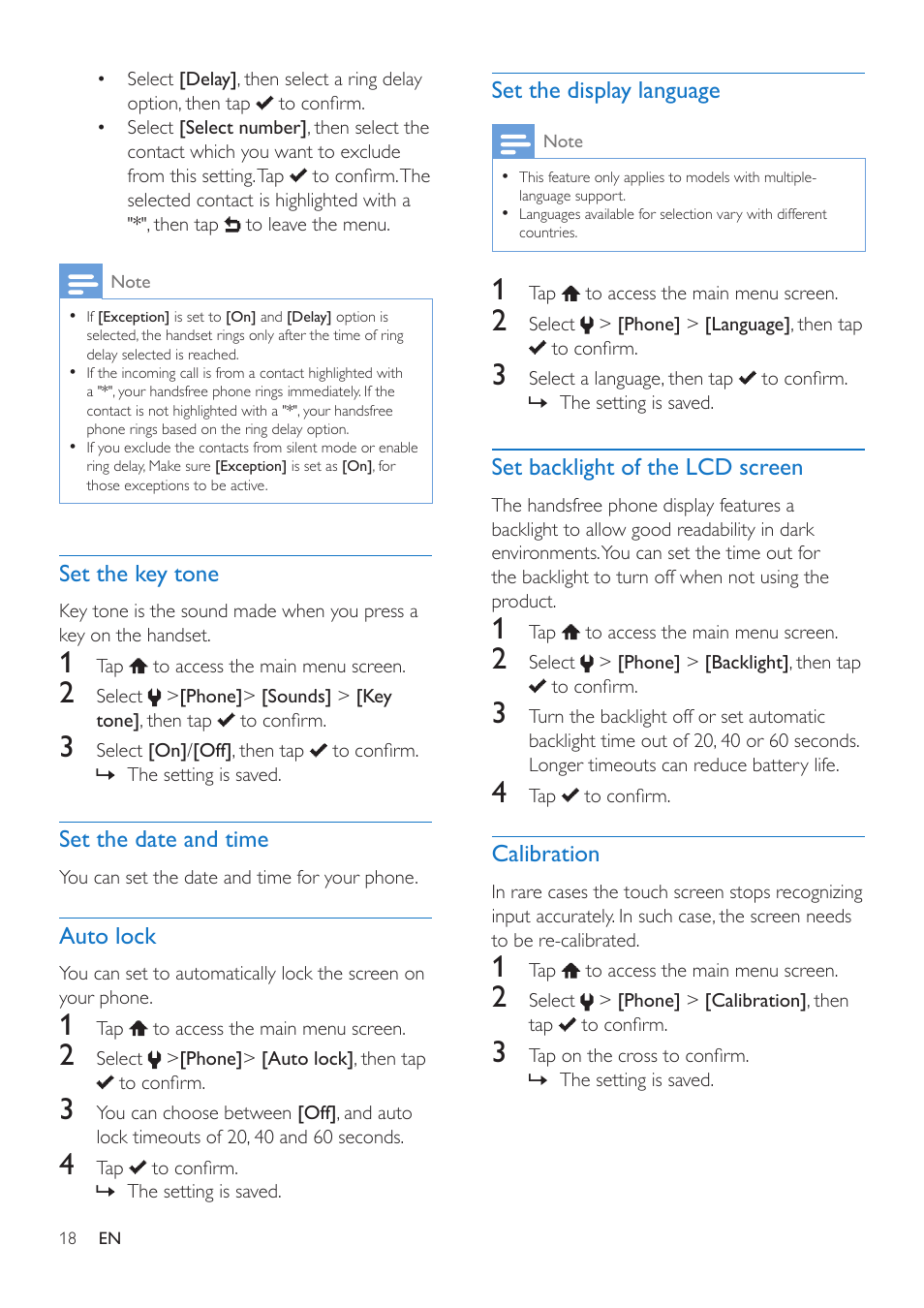 Set the key tone, Set the date and time, Auto lock | Set the display language, Set backlight of the lcd screen, Calibration, Calibration 18 | Philips MT3120 User Manual | Page 20 / 30