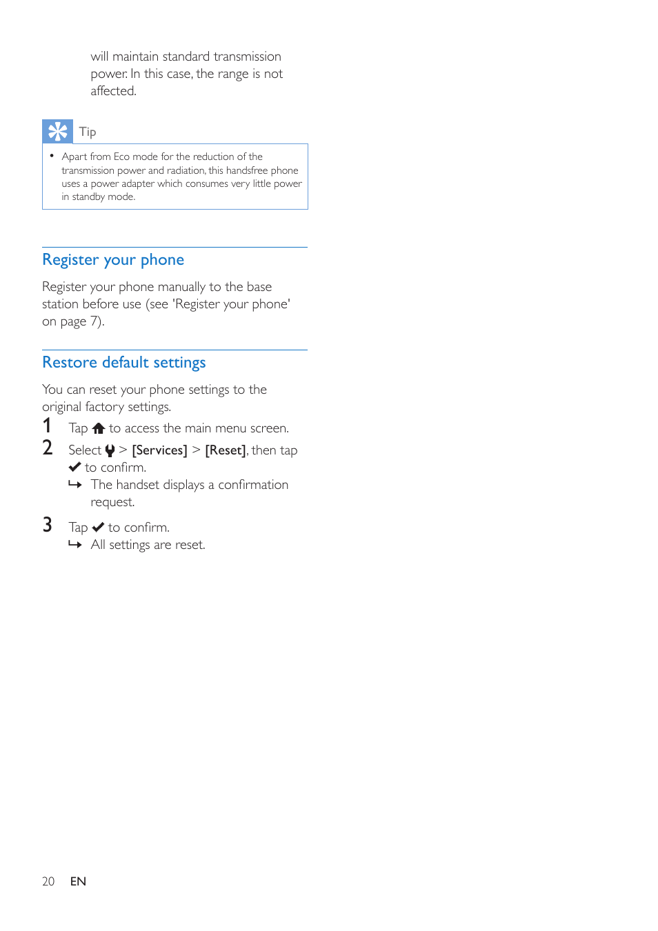 Register your phone, Restore default settings | Philips MT3120 User Manual | Page 22 / 30