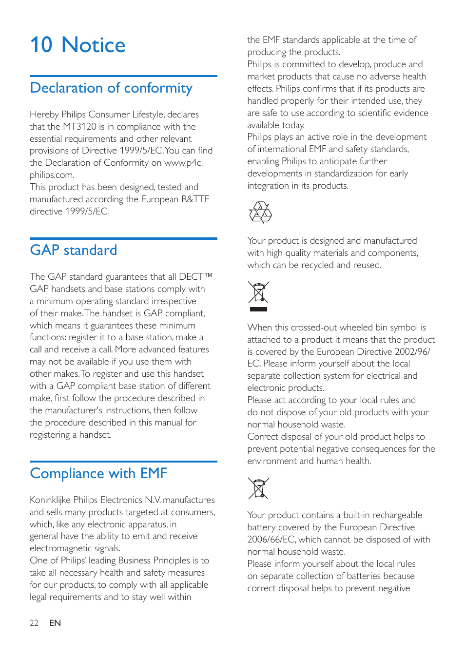 10 notice, Declaration of conformity, Gap standard | Compliance with emf | Philips MT3120 User Manual | Page 24 / 30