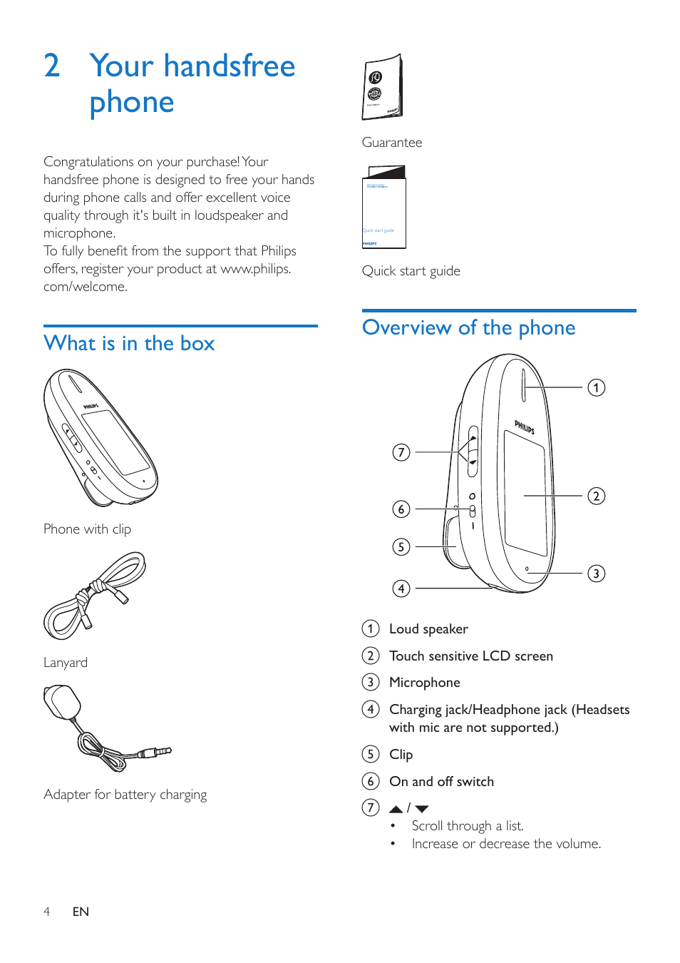 2 your handsfree phone, What is in the box, Overview of the phone | Main menu icons | Philips MT3120 User Manual | Page 6 / 30