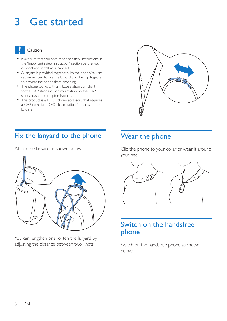 3 get started, Fix the lanyard to the phone, Wear the phone | Switch on the handsfree phone | Philips MT3120 User Manual | Page 8 / 30