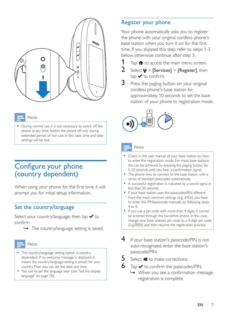 Configure your phone (country dependent), Set the country/language, Register your phone | Configure your phone (country, Dependent) 7 | Philips MT3120 User Manual | Page 9 / 30