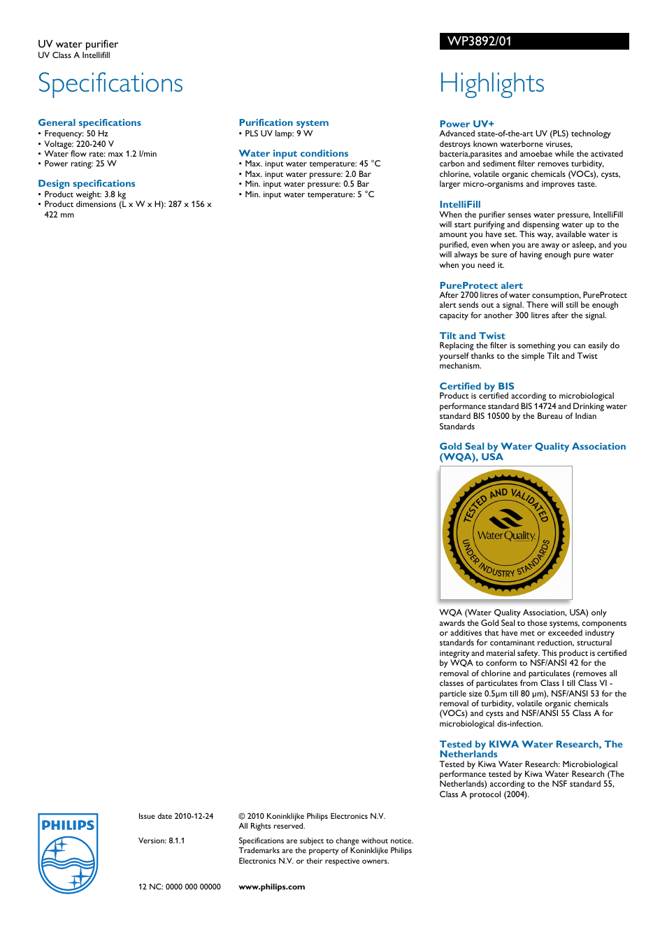 Specifications, Highlights | Philips WP3892/01 User Manual | Page 2 / 2