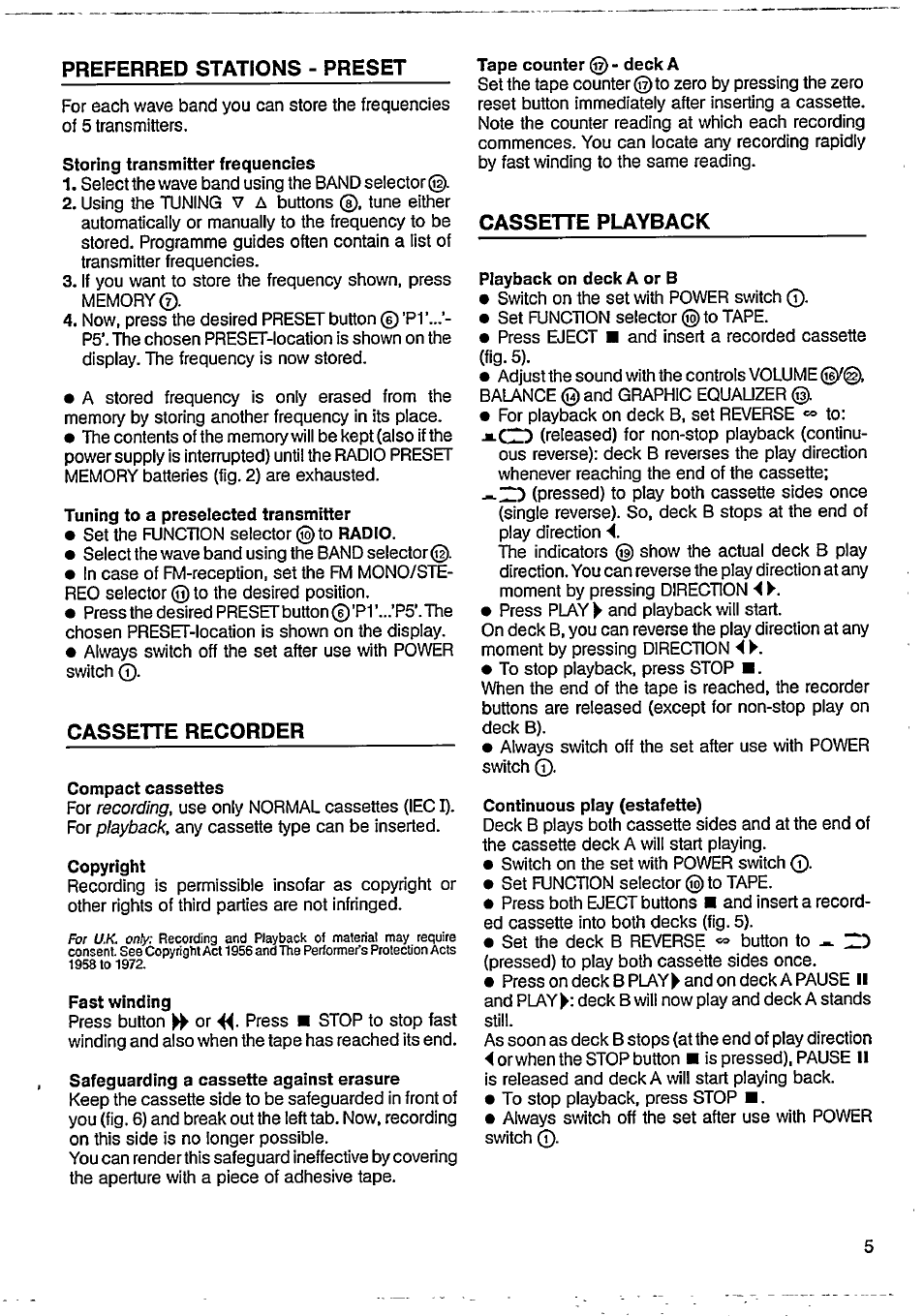 Preferred stations - preset, Cassette recorder, Cassette playback | Philips AW 7992 User Manual | Page 5 / 11