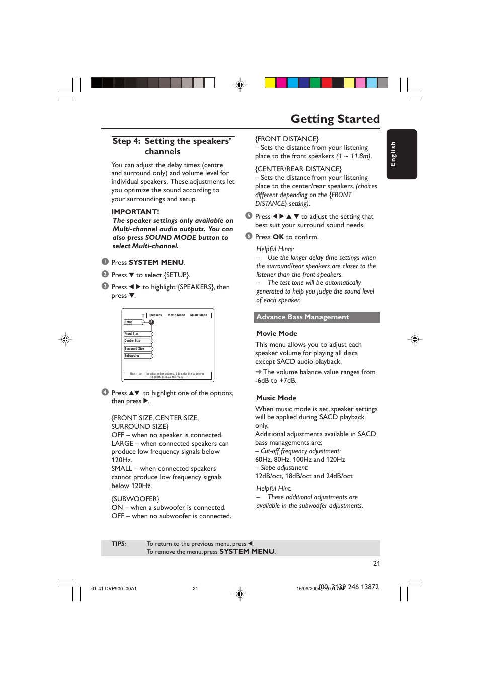 Getting started, Step 4: setting the speakers’ channels | Philips DVD VIDEO/ SACD PLAYER DVP900SA/00_A User Manual | Page 21 / 41