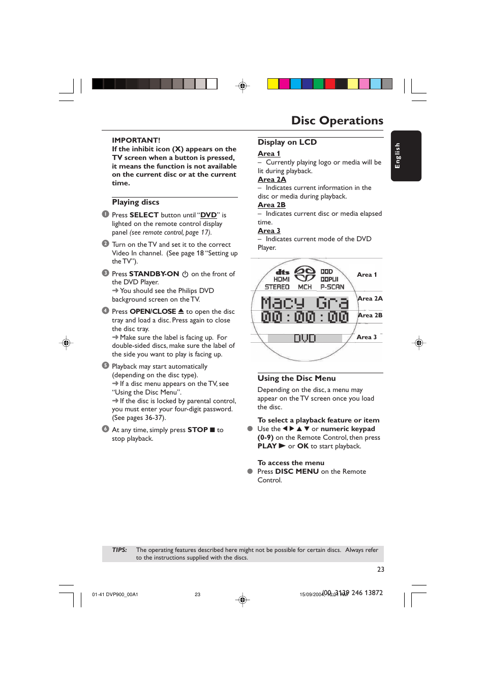 Disc operations | Philips DVD VIDEO/ SACD PLAYER DVP900SA/00_A User Manual | Page 23 / 41