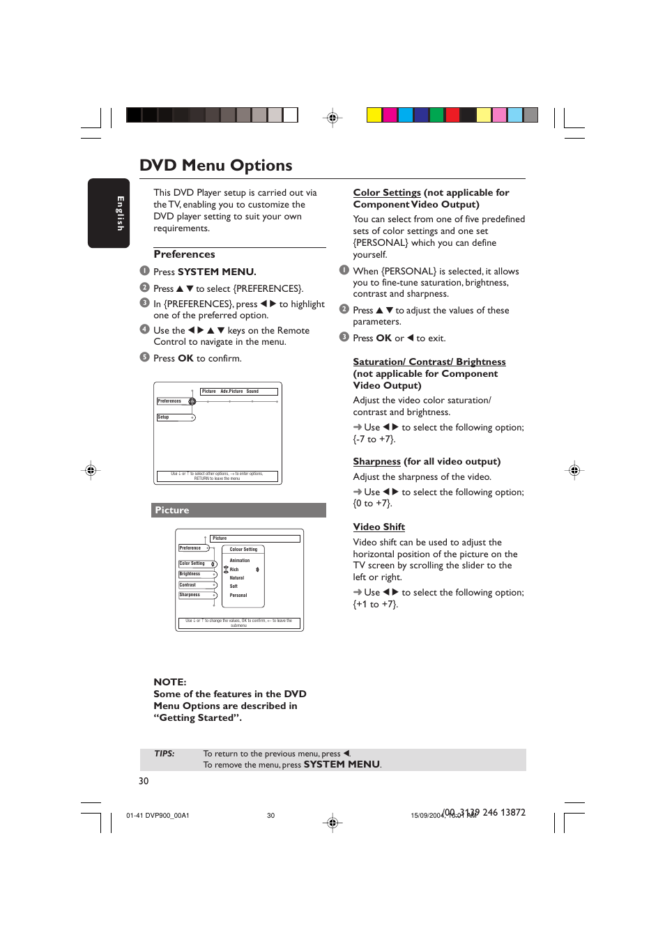 Dvd menu options, Preferences | Philips DVD VIDEO/ SACD PLAYER DVP900SA/00_A User Manual | Page 30 / 41