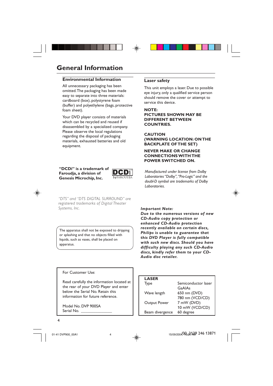 General information | Philips DVD VIDEO/ SACD PLAYER DVP900SA/00_A User Manual | Page 4 / 41