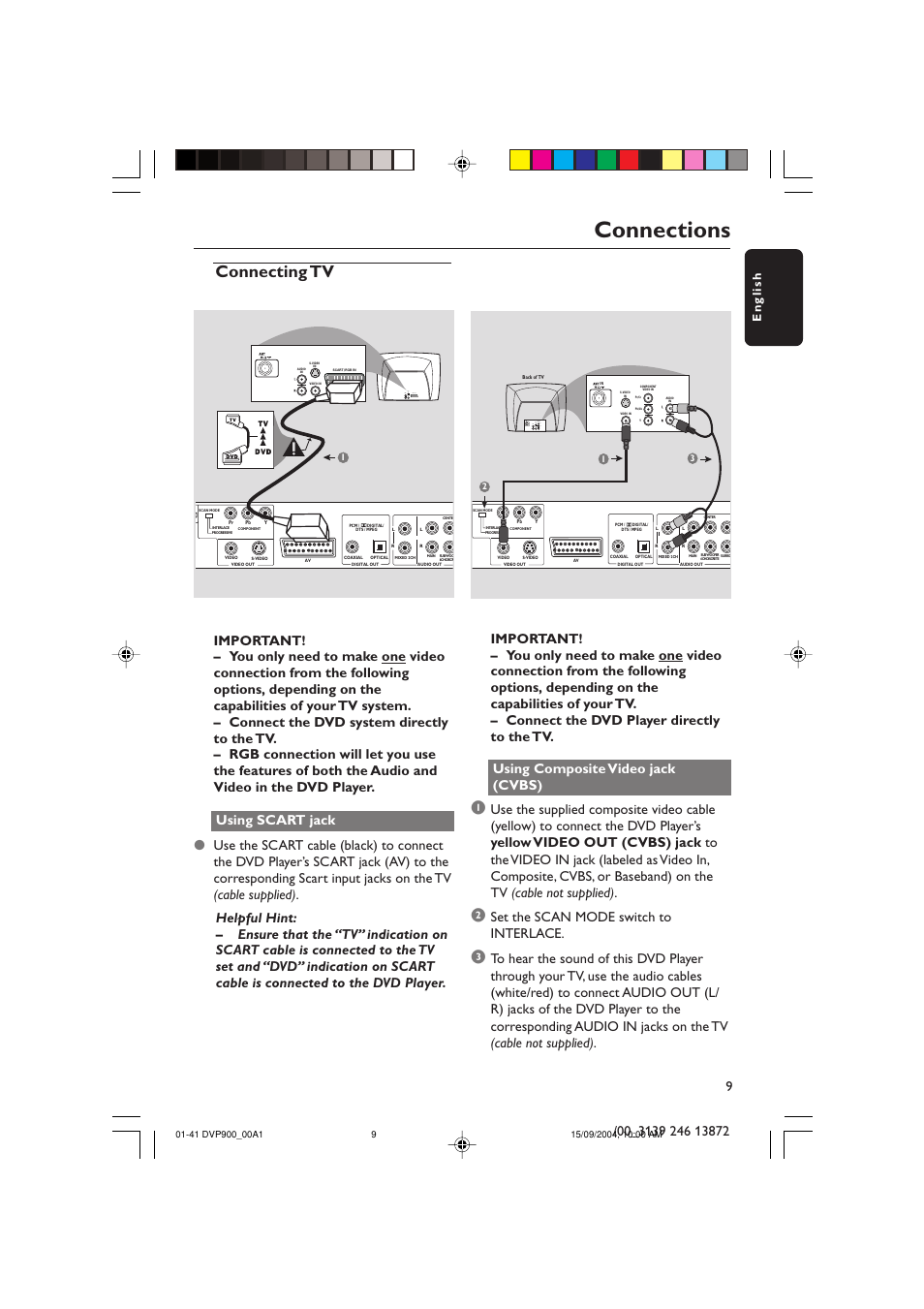 Connections, Connecting tv, Audio out s-video in video in scart/rgb in | Set the scan mode switch to interlace, English | Philips DVD VIDEO/ SACD PLAYER DVP900SA/00_A User Manual | Page 9 / 41