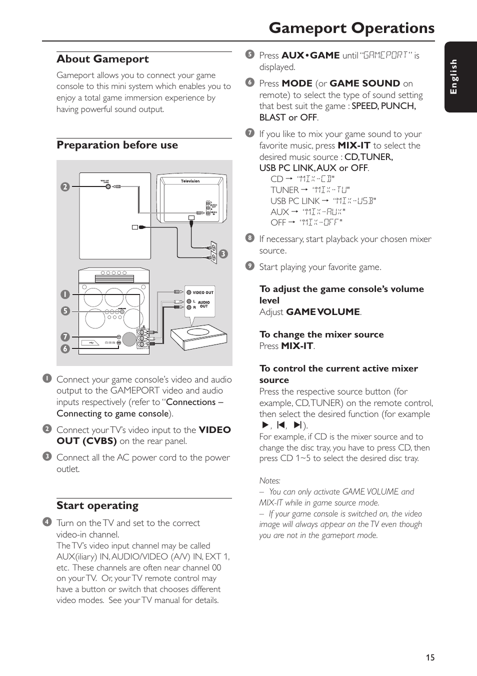 Gameport operations, About gameport, Preparation before use | Start operating 4, Connect all the ac power cord to the power outlet, Press aux • game until “ gameport” is displayed | Philips FWC577 User Manual | Page 15 / 28