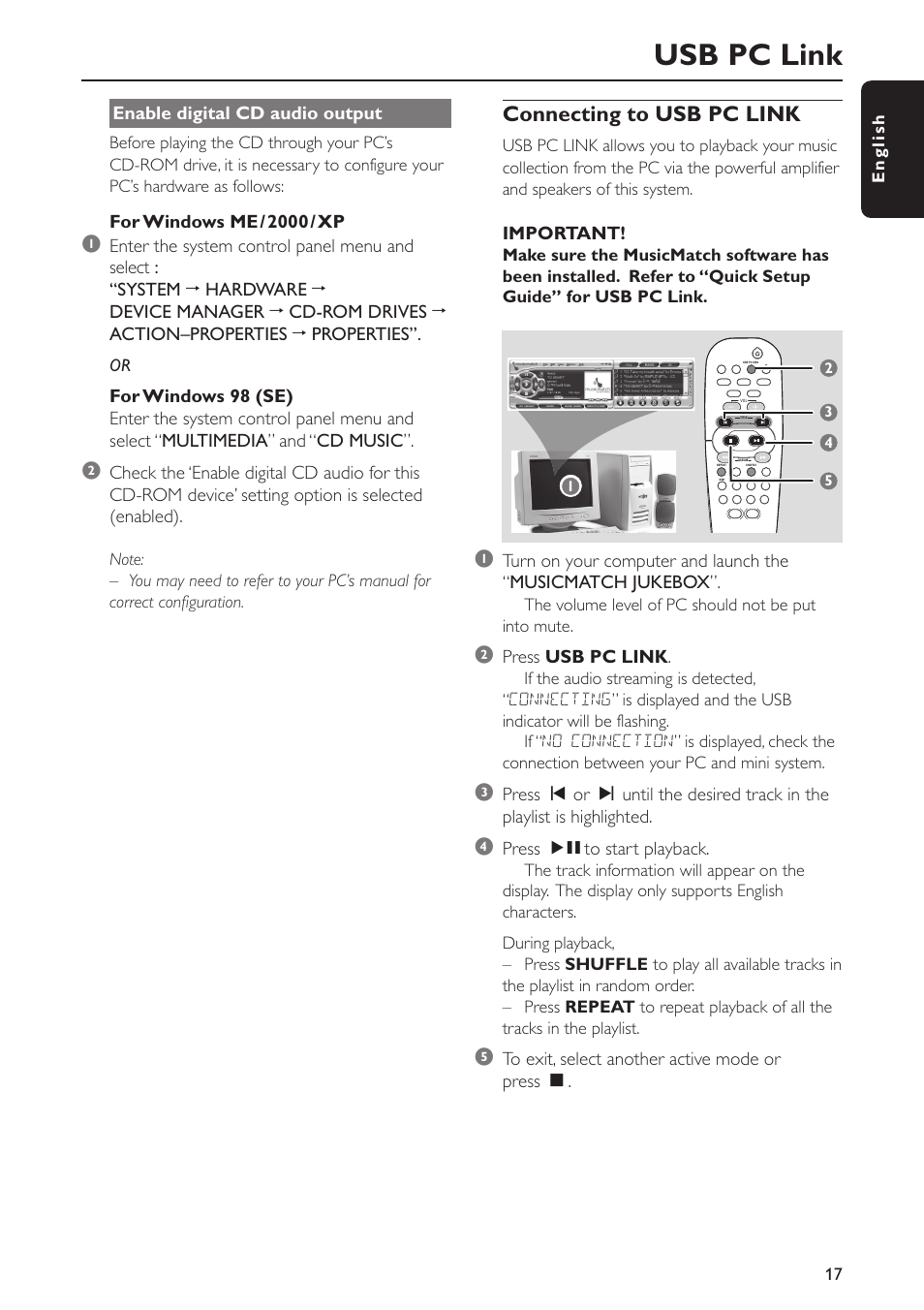 Usb pc link, Connecting to usb pc link | Philips FWC577 User Manual | Page 17 / 28