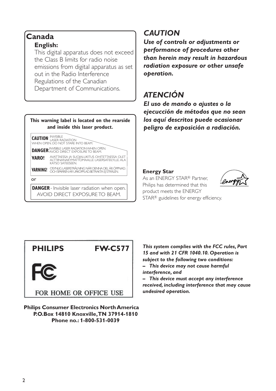 Canada, Caution, Atención | Philips fw-c577, Tested to comply with fcc standards | Philips FWC577 User Manual | Page 2 / 28