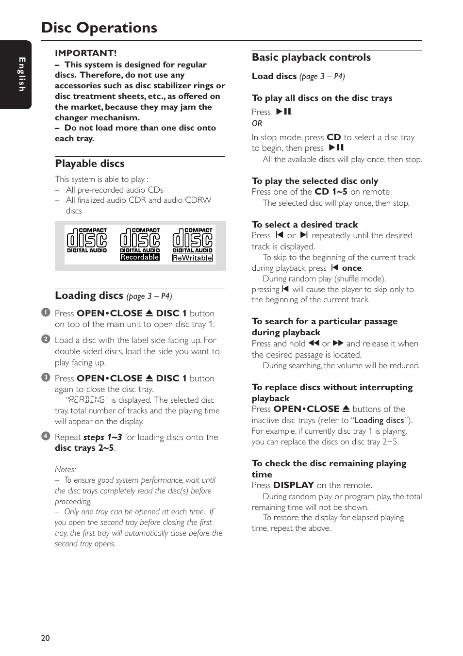 Disc operations | Philips FWC577 User Manual | Page 20 / 28