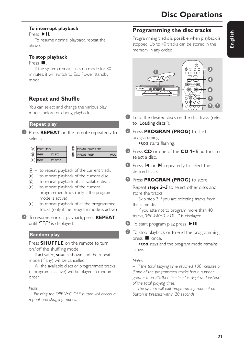 Disc operations, Repeat and shuffle, Programming the disc tracks | Philips FWC577 User Manual | Page 21 / 28