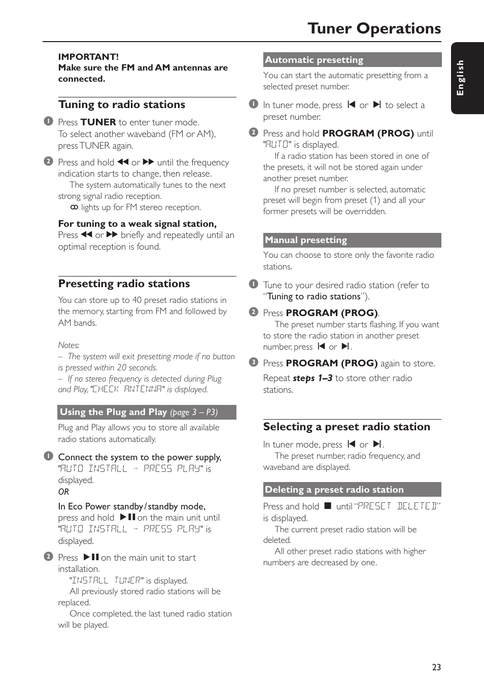 Tuner operations | Philips FWC577 User Manual | Page 23 / 28