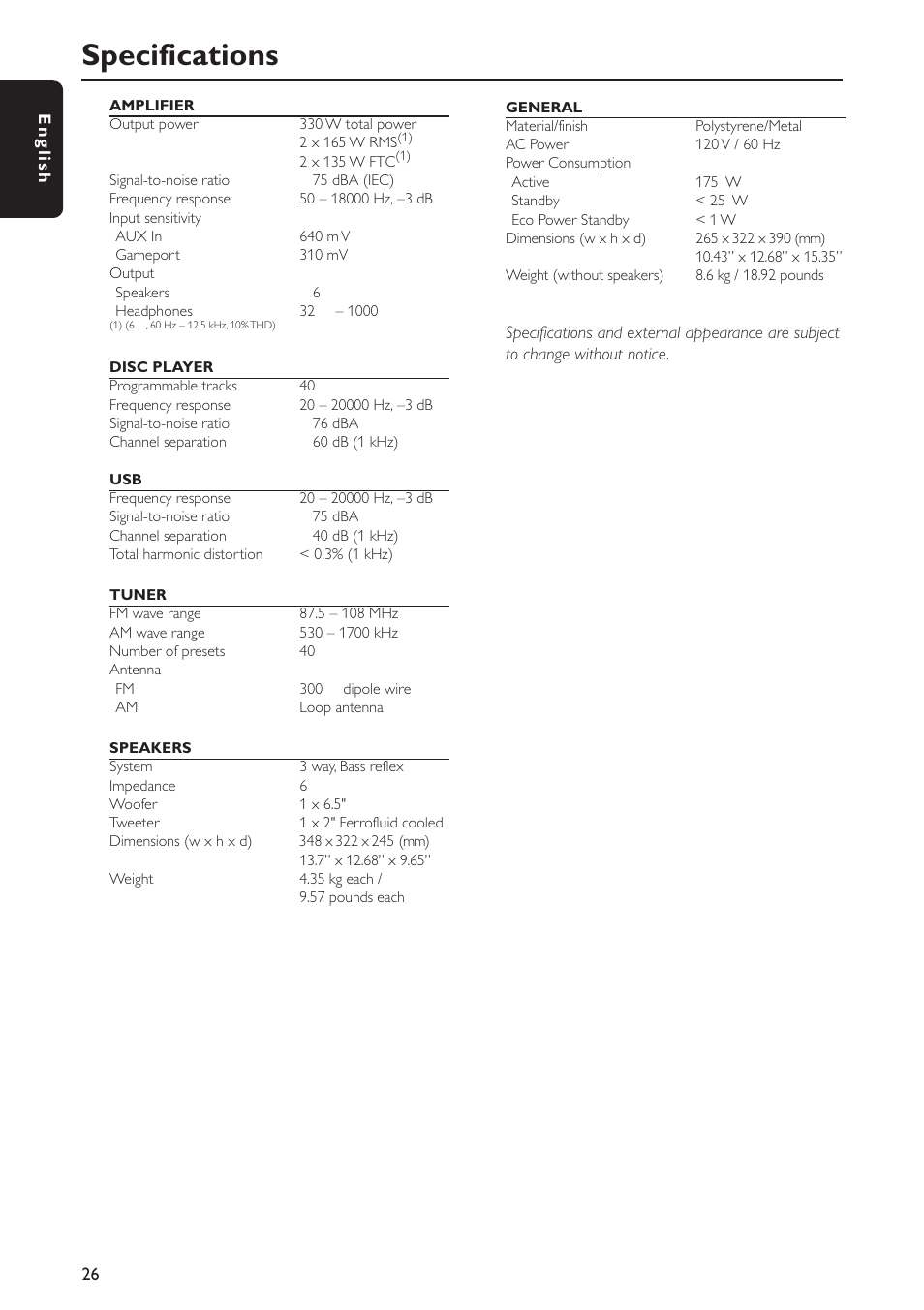 Specifications | Philips FWC577 User Manual | Page 26 / 28