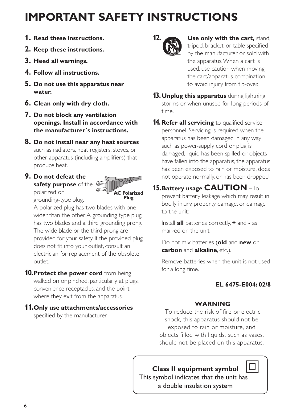 Important safety instructions, Caution | Philips FWC577 User Manual | Page 6 / 28