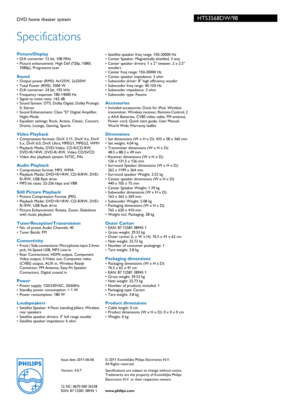 Specifications | Philips HTS3568DW User Manual | Page 3 / 3