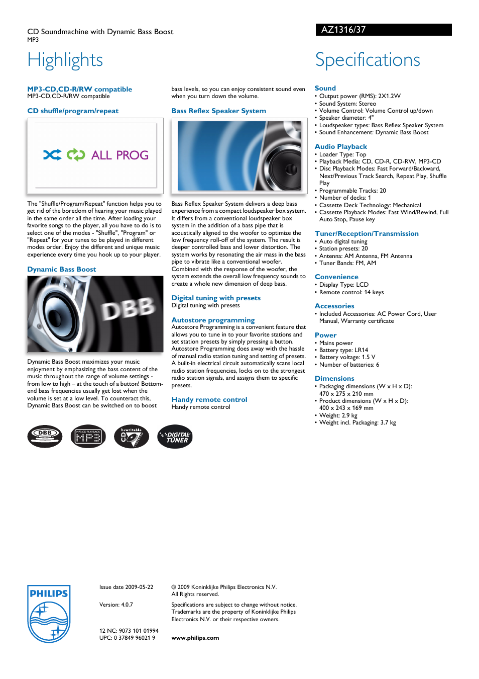 Highlights, Specifications | Philips AZ1316 User Manual | Page 2 / 2