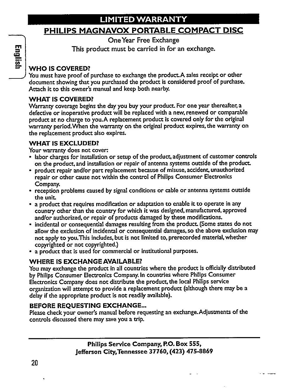 Philips magnavox portable compact disc, Limited warranty | Philips AZ 7583 User Manual | Page 20 / 22