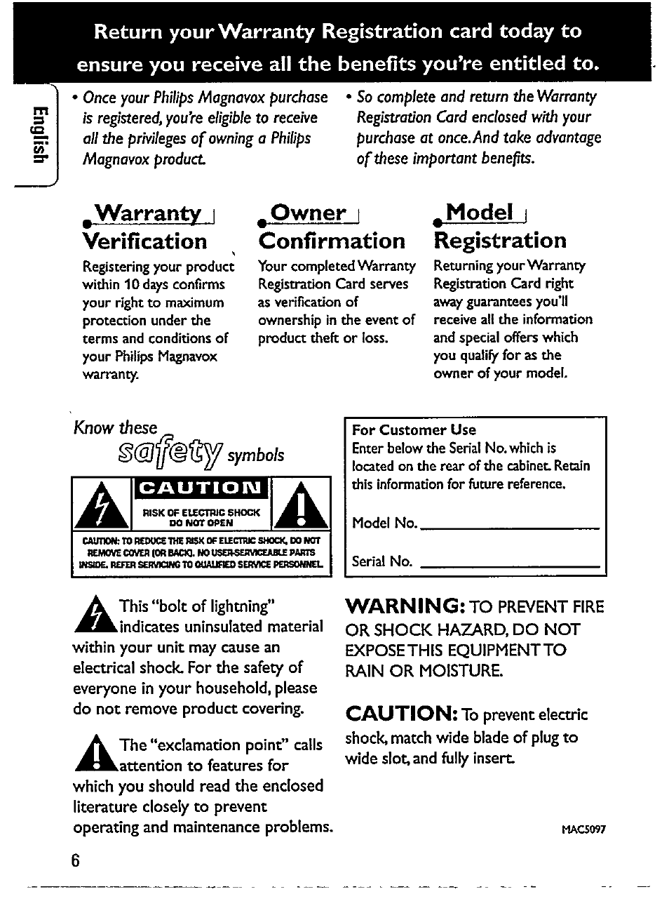 Warranty i verification, Owner i confirmation, Model i registration | M.lijijmvil | Philips AZ 7583 User Manual | Page 6 / 22