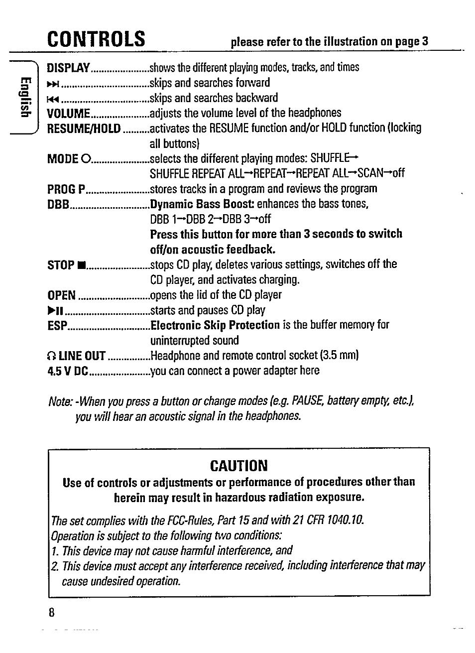 Caution, Controls | Philips AZ 7583 User Manual | Page 8 / 22