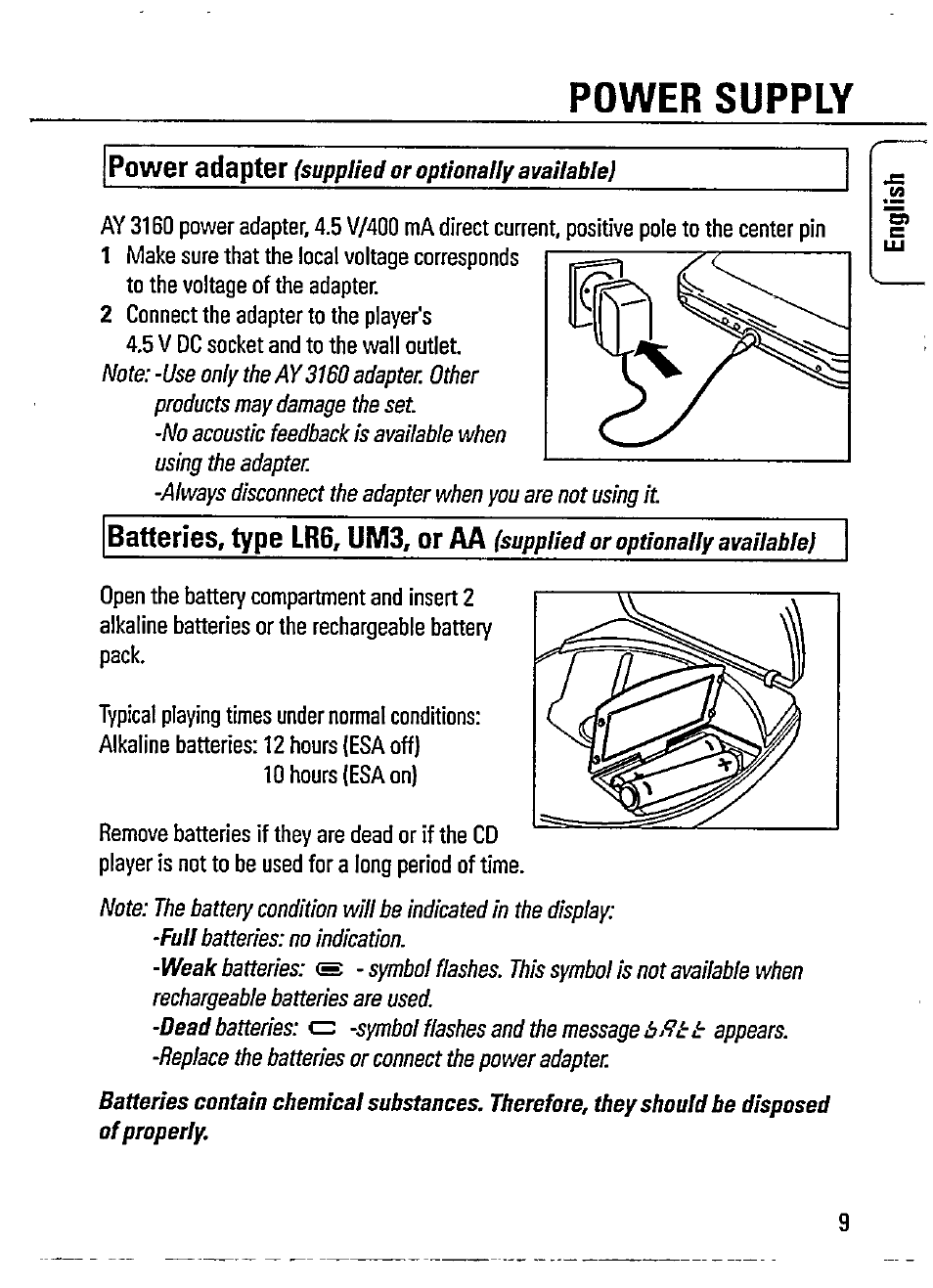 Power supply | Philips AZ 7583 User Manual | Page 9 / 22