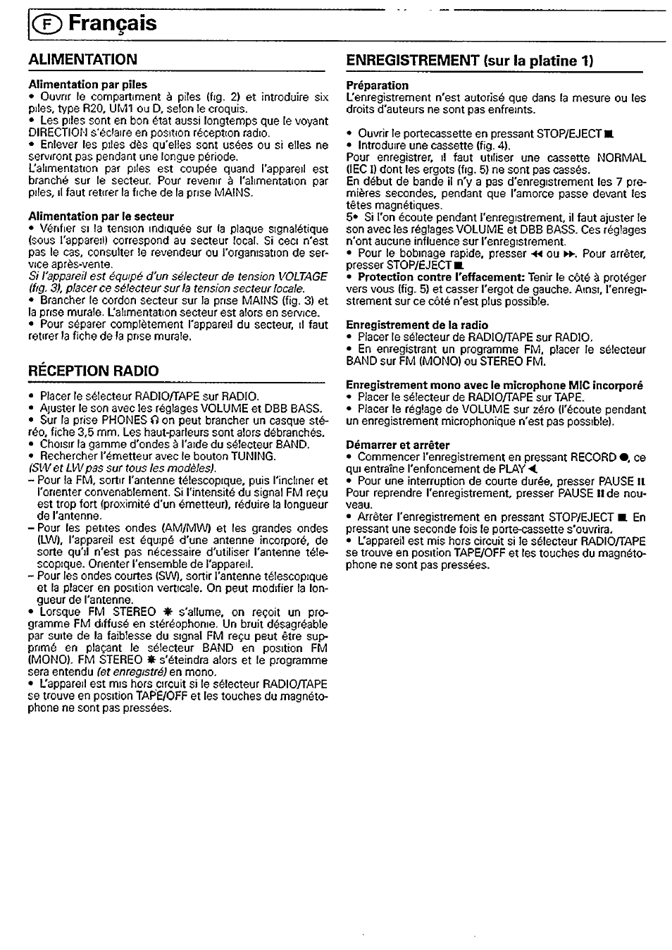 Alimentation, Alimentation par piies, Alimentation par le secteur | Reception radio, Enregistrement (sur la platine 1), Préparation, Enregistrement de ia radio, Démarrer et arrêter, С?) français | Philips AQ5210 User Manual | Page 3 / 7