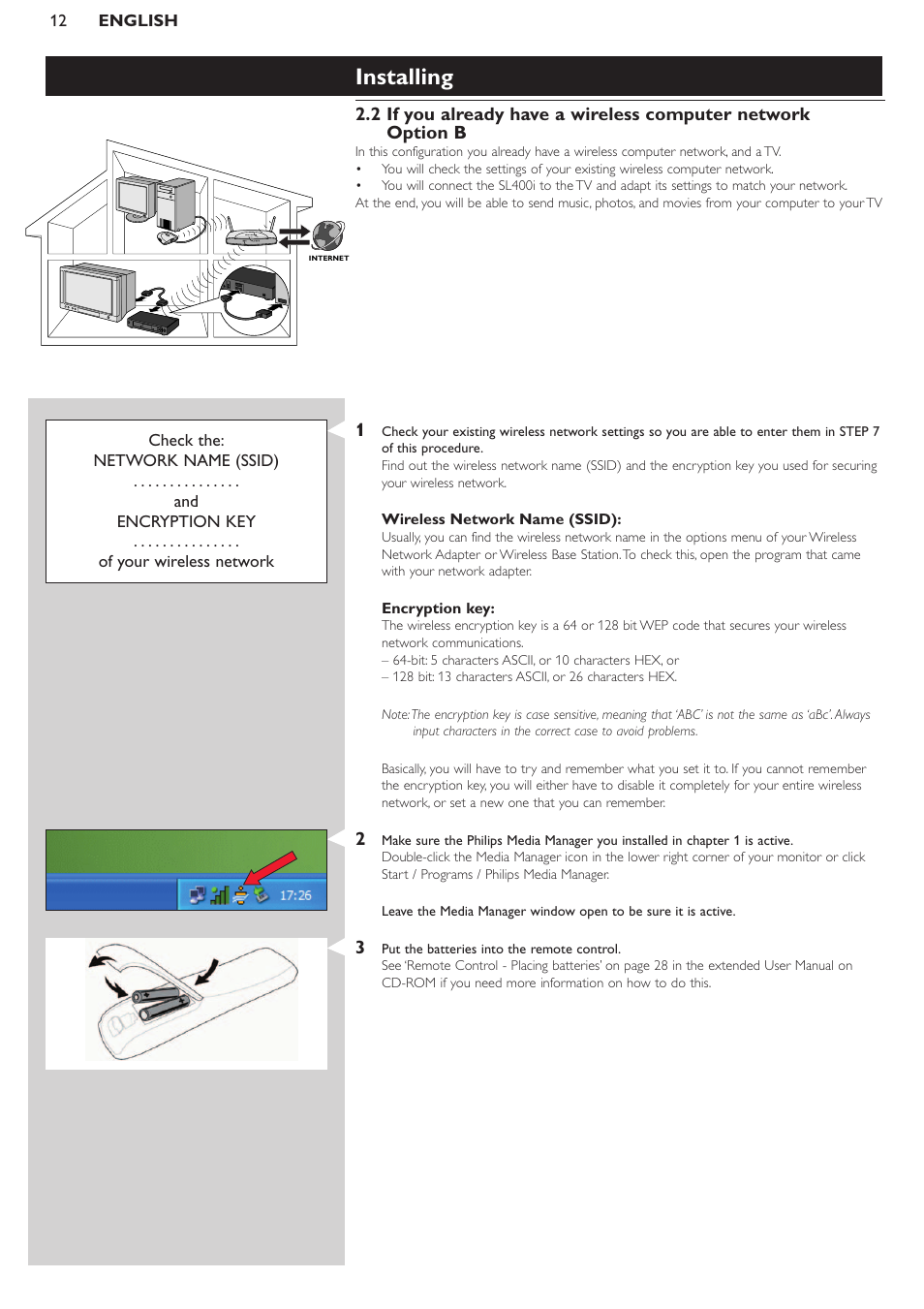 Installing | Philips WIRELESS MULTIMEDIA LINK SL400i User Manual | Page 12 / 26