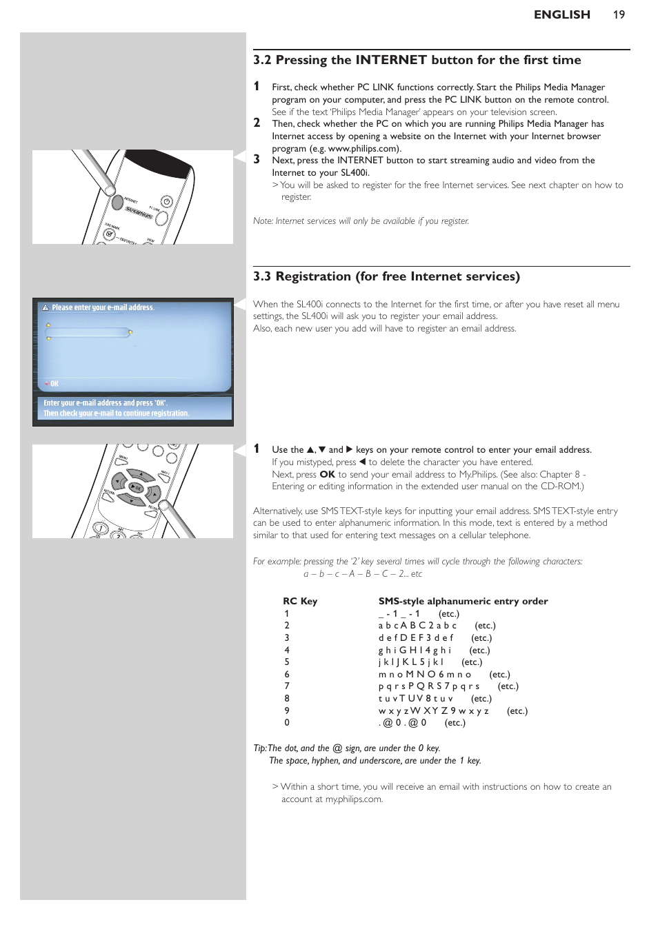 2 pressing the internet button for the first time, 3 registration for free internet services, 3 registration (for free internet services) | Philips WIRELESS MULTIMEDIA LINK SL400i User Manual | Page 19 / 26