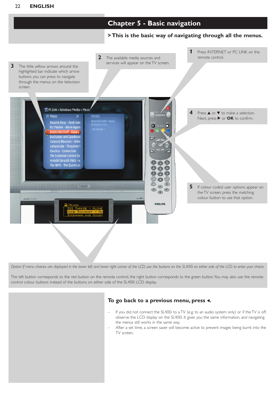 Chapter 5 - basic navigation | Philips WIRELESS MULTIMEDIA LINK SL400i User Manual | Page 22 / 26