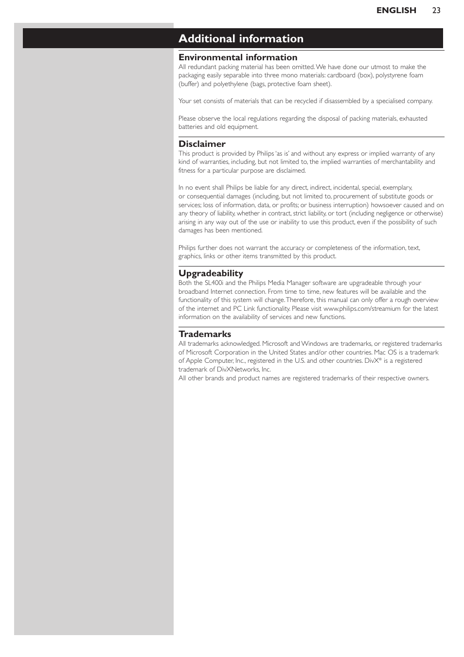 Additional information | Philips WIRELESS MULTIMEDIA LINK SL400i User Manual | Page 23 / 26