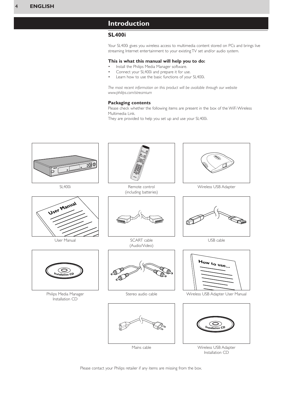 Introduction, Sl400i | Philips WIRELESS MULTIMEDIA LINK SL400i User Manual | Page 4 / 26