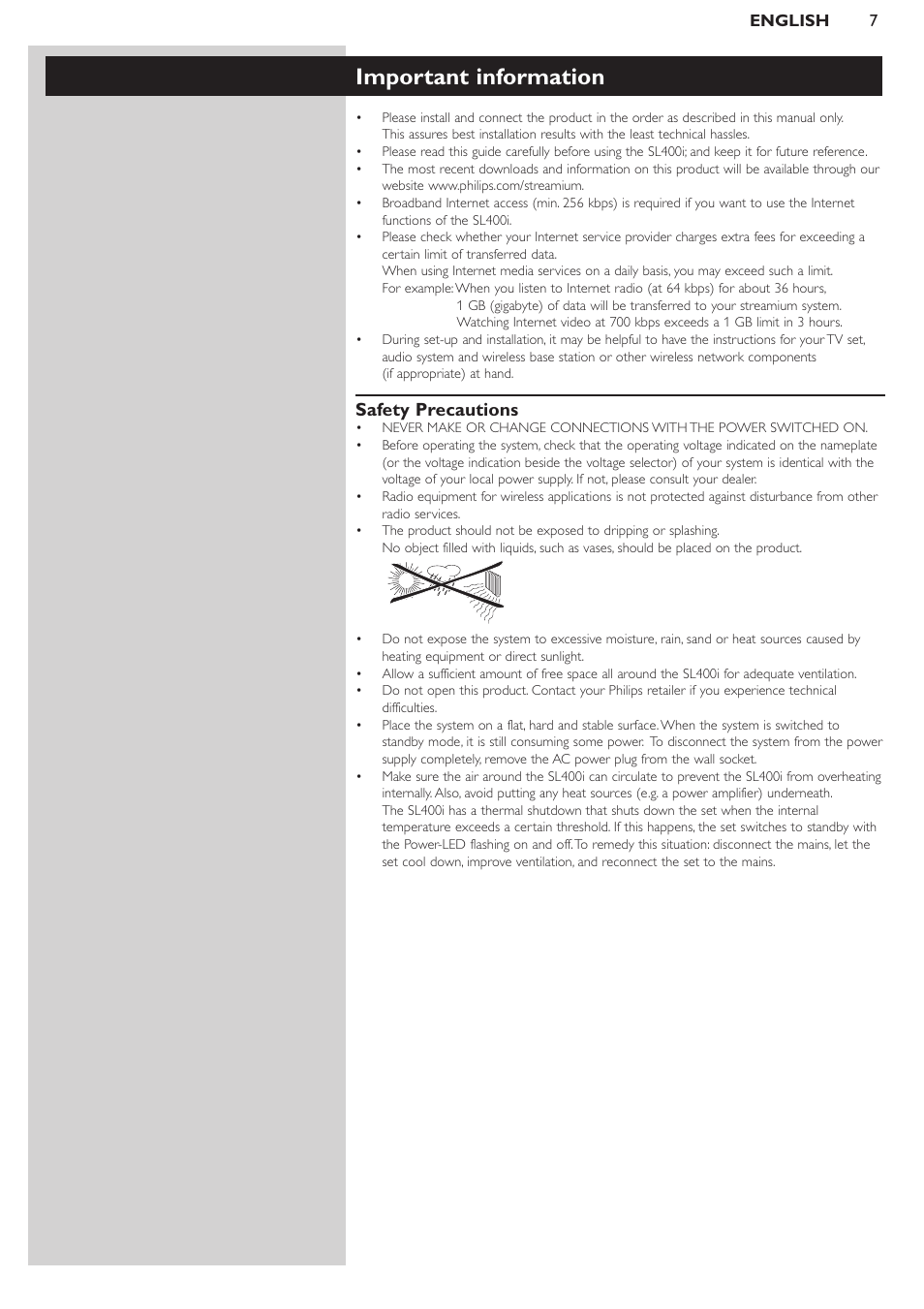 Important information, Safety precautions | Philips WIRELESS MULTIMEDIA LINK SL400i User Manual | Page 7 / 26
