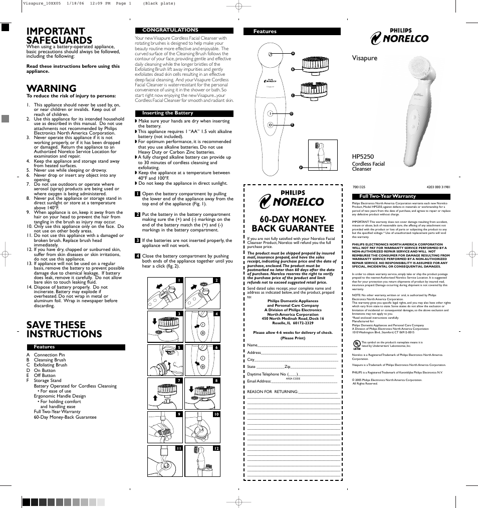 Important safeguards, Warning, Save these instructions | Day money- back guarantee, Visapure | Philips Visapure HP5250 User Manual | Page 2 / 15