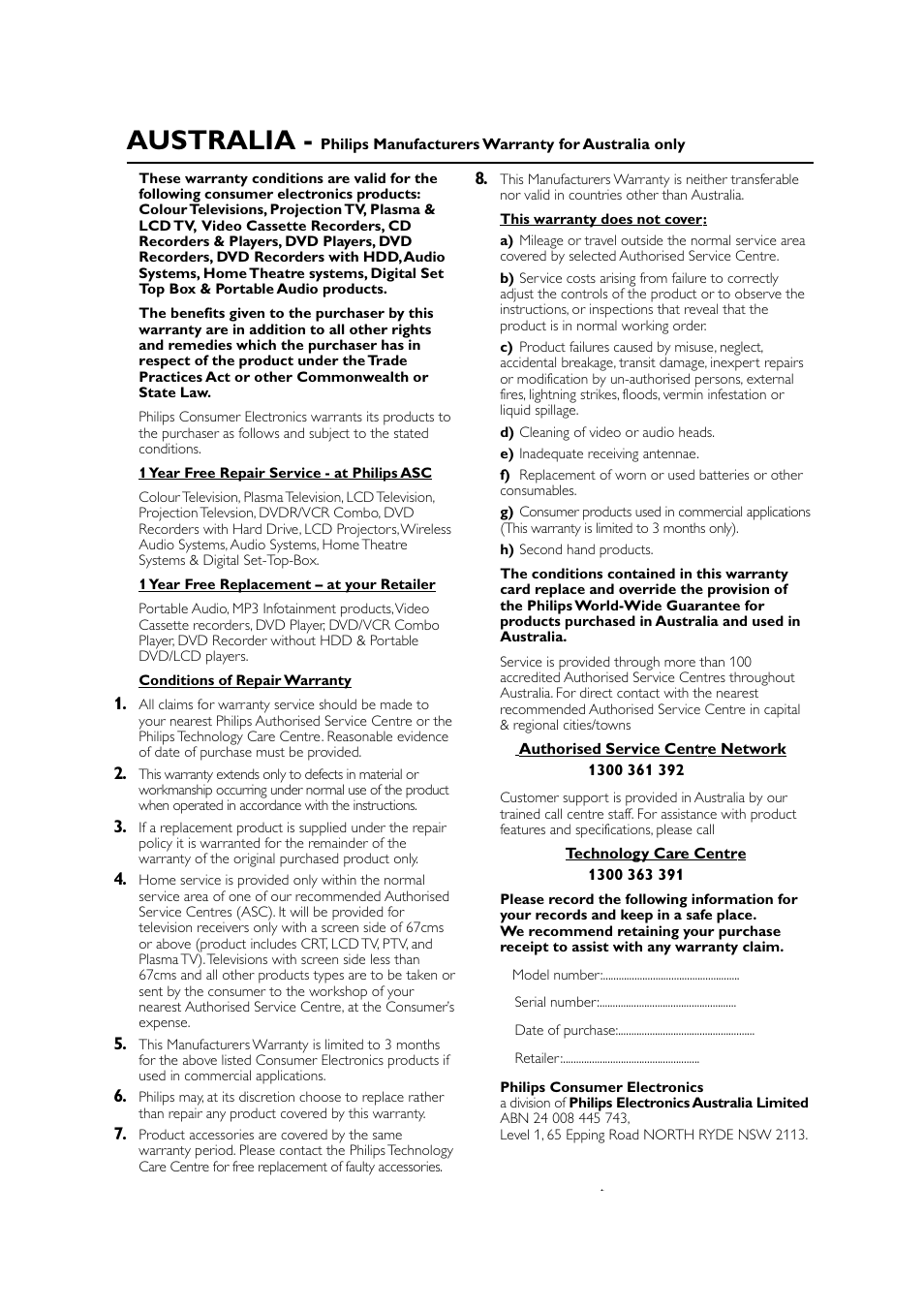 Australia | Philips AJ3915CD User Manual | Page 12 / 14