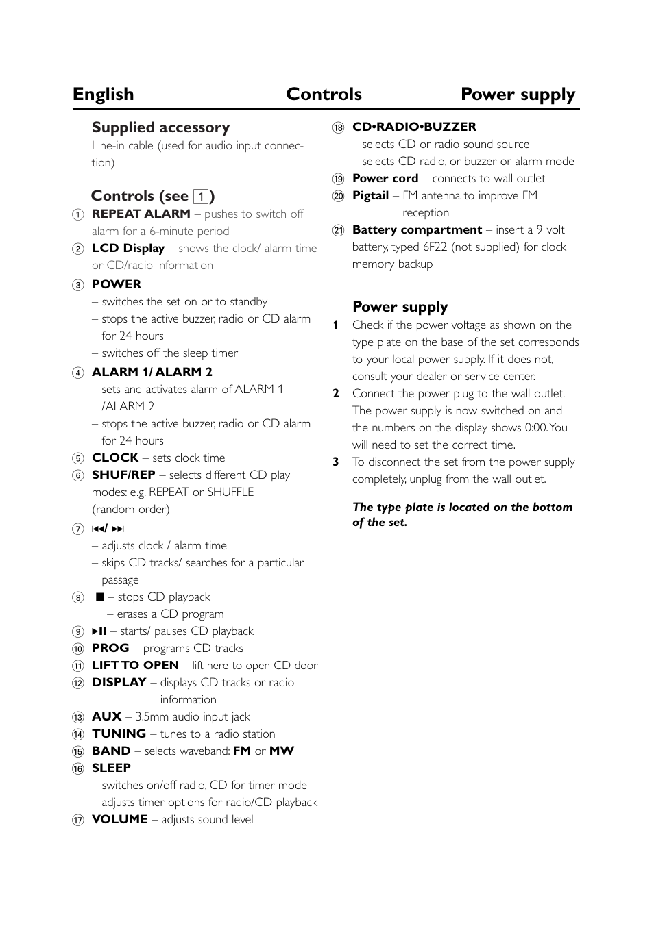 English controls power supply | Philips AJ3915CD User Manual | Page 4 / 14