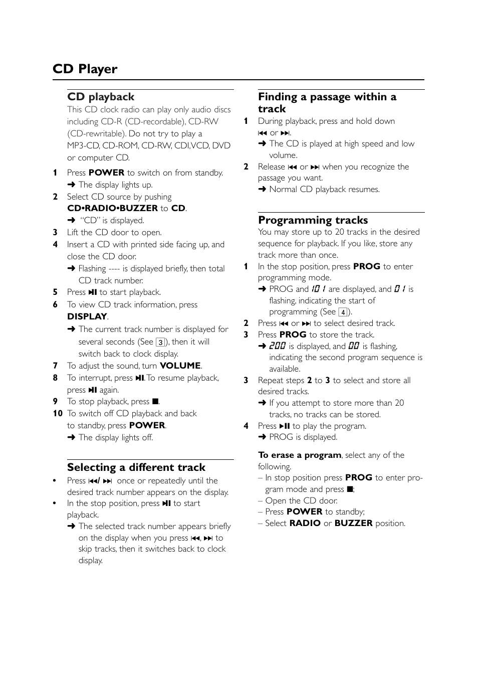 Cd player, Cd playback, Selecting a different track | Finding a passage within a track, Programming tracks | Philips AJ3915CD User Manual | Page 6 / 14